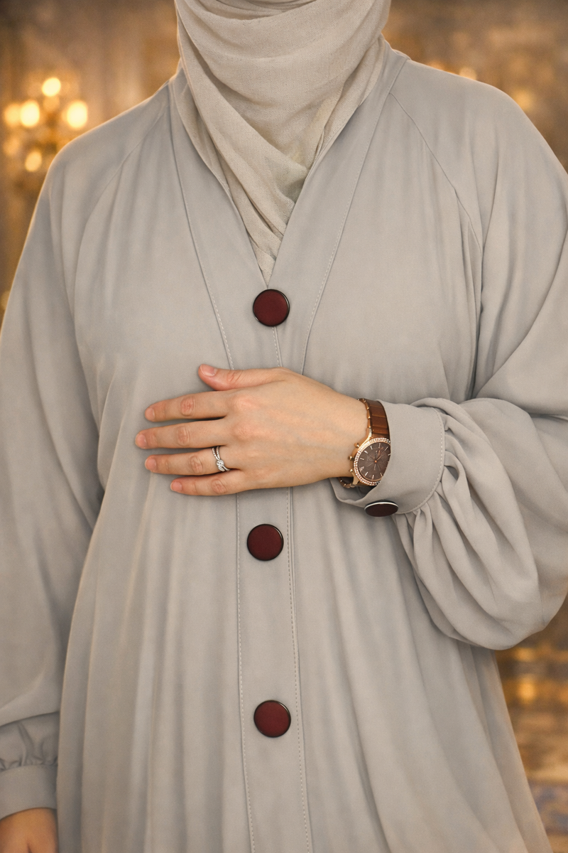 Yuyina MADE IN UAE Women's Elegant Closed A-Line Abaya with Button Detail Bishop Sleeves Belt & Matching Hijab for Office Daily Wear| Beige
