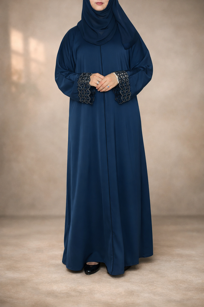 Yuyina MADE IN UAE Women's Elegant Closed Abaya with Netted Embellished Sleeves & Piping Work with Matching Hijab for Party Wear| Navy Blue