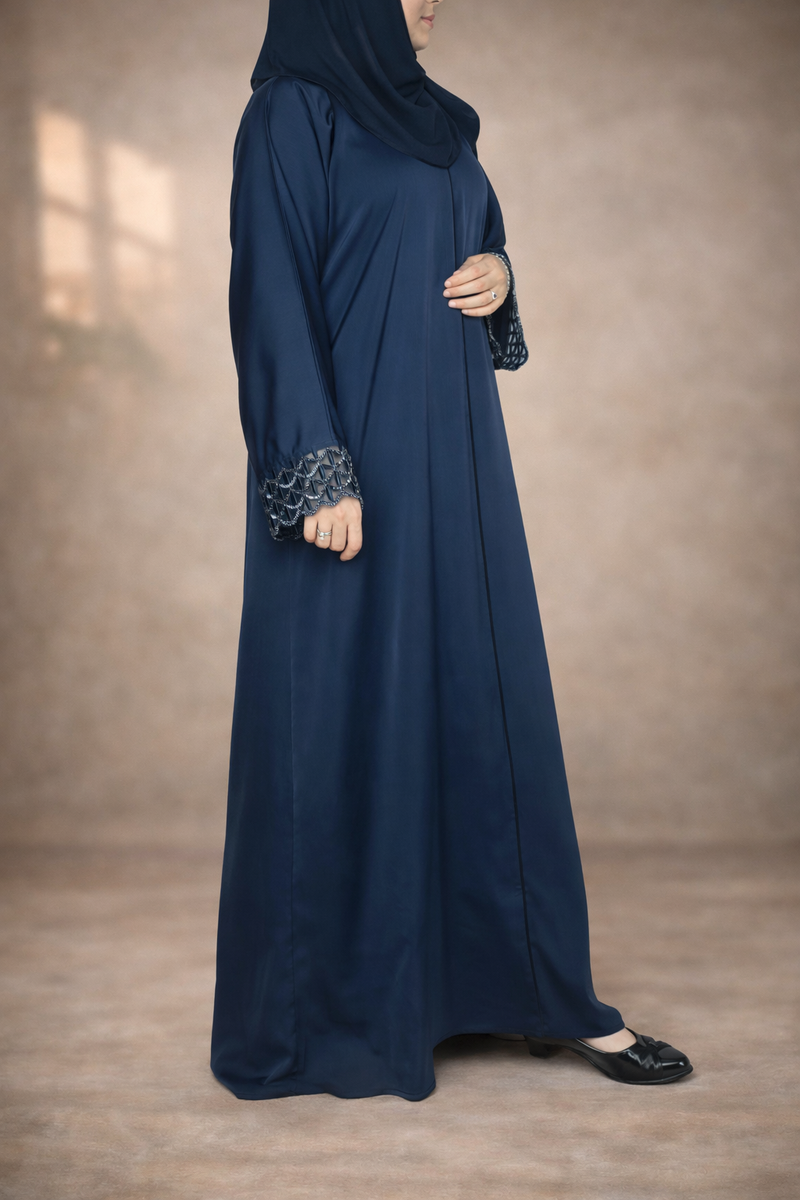 Yuyina MADE IN UAE Women's Elegant Closed Abaya with Netted Embellished Sleeves & Piping Work with Matching Hijab for Party Wear| Navy Blue