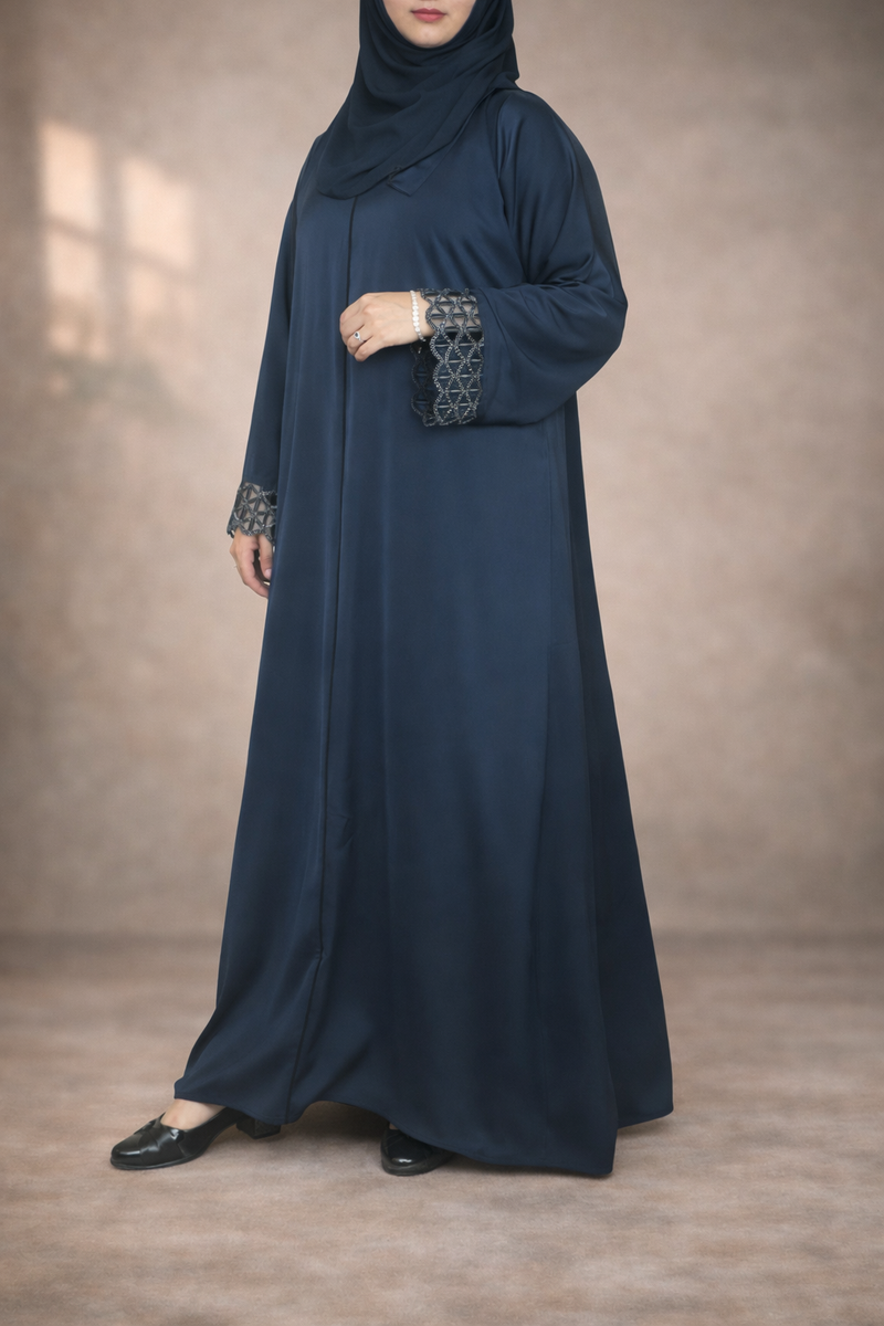 Yuyina MADE IN UAE Women's Elegant Closed Abaya with Netted Embellished Sleeves & Piping Work with Matching Hijab for Party Wear| Navy Blue