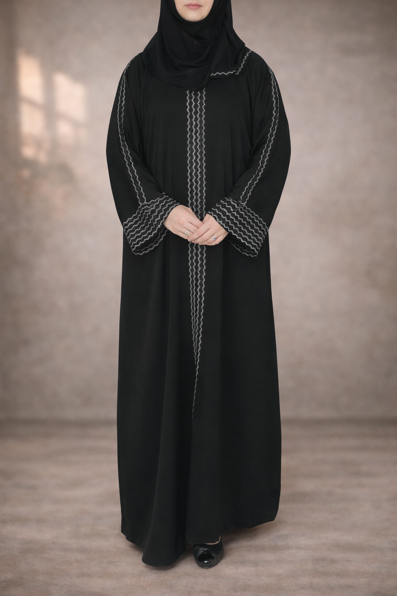 Yuyina MADE IN UAE Women's Front Open Abaya with Buttons | White Embroidery & Black Stone Work | Matching Head Scarf | Party Office Daily Wear| Black