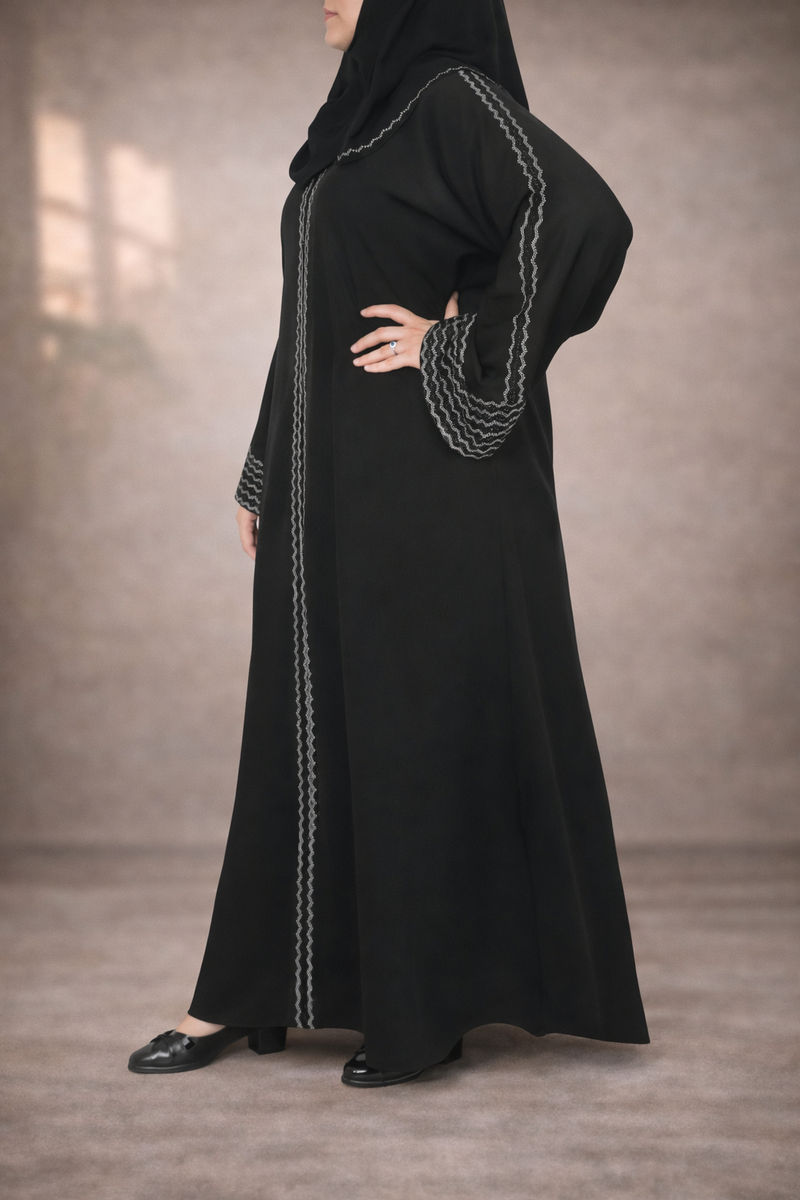 Yuyina MADE IN UAE Women's Front Open Abaya with Buttons | White Embroidery & Black Stone Work | Matching Head Scarf | Party Office Daily Wear| Black