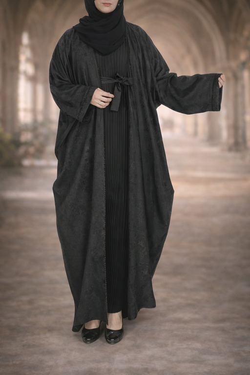 Yuyina MADE IN UAE Women's Stylish Dual Layer Abaya with Printed Farasha Shrug Thread & Stone Work Pleated Inner Gown Hijab & Belt for Party Wear| Black