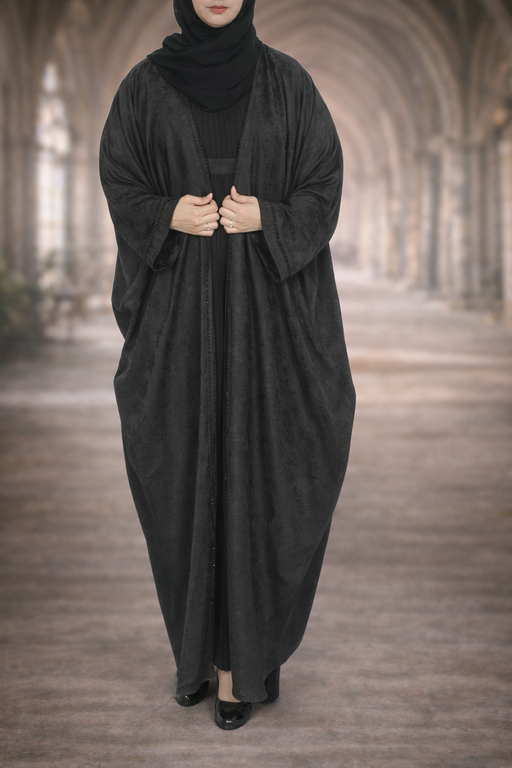 Yuyina MADE IN UAE Women's Stylish Dual Layer Abaya with Printed Farasha Shrug Thread & Stone Work Pleated Inner Gown Hijab & Belt for Party Wear| Black