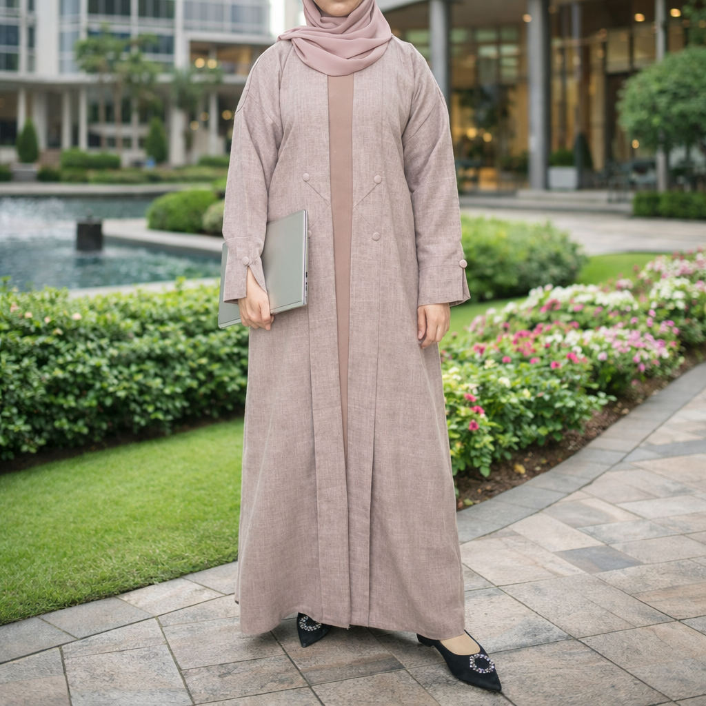 Yuyina MADE IN UAE Women's Stylish Dual Layer Abaya with Coat Pleated Button Design Slit Cuff Sleeves Inner Gown Hijab & Belt for Office Event Wear| Brownish Pink