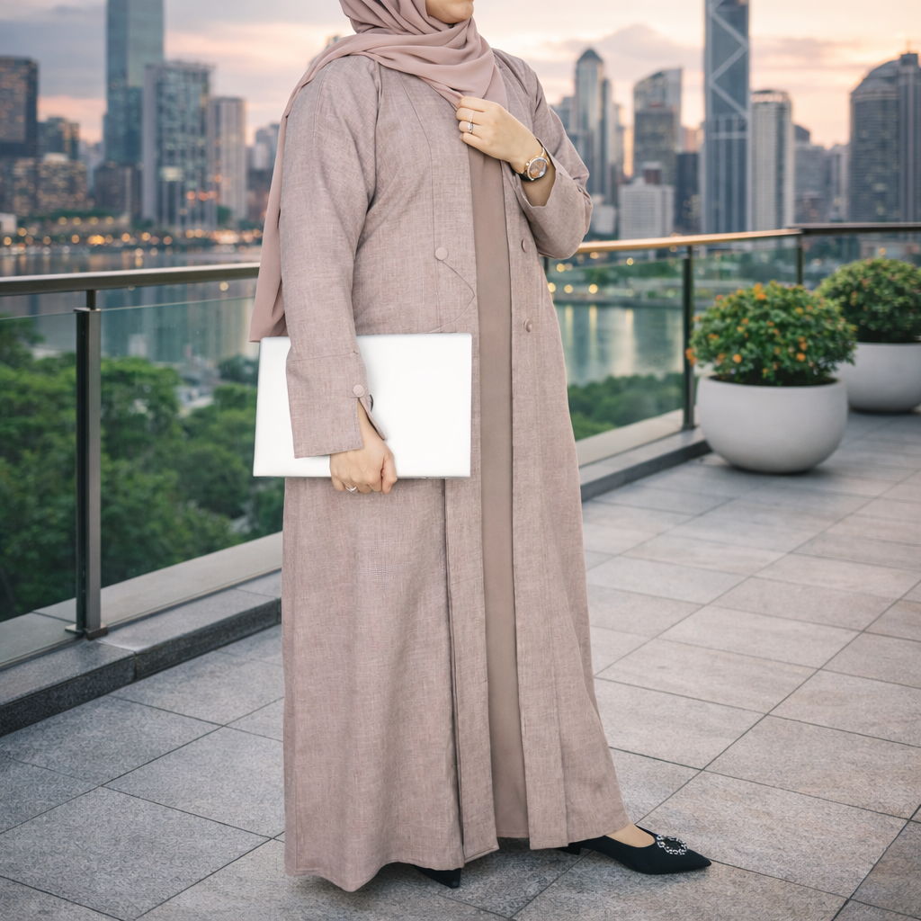 Yuyina MADE IN UAE Women's Stylish Dual Layer Abaya with Coat Pleated Button Design Slit Cuff Sleeves Inner Gown Hijab & Belt for Office Event Wear| Brownish Pink