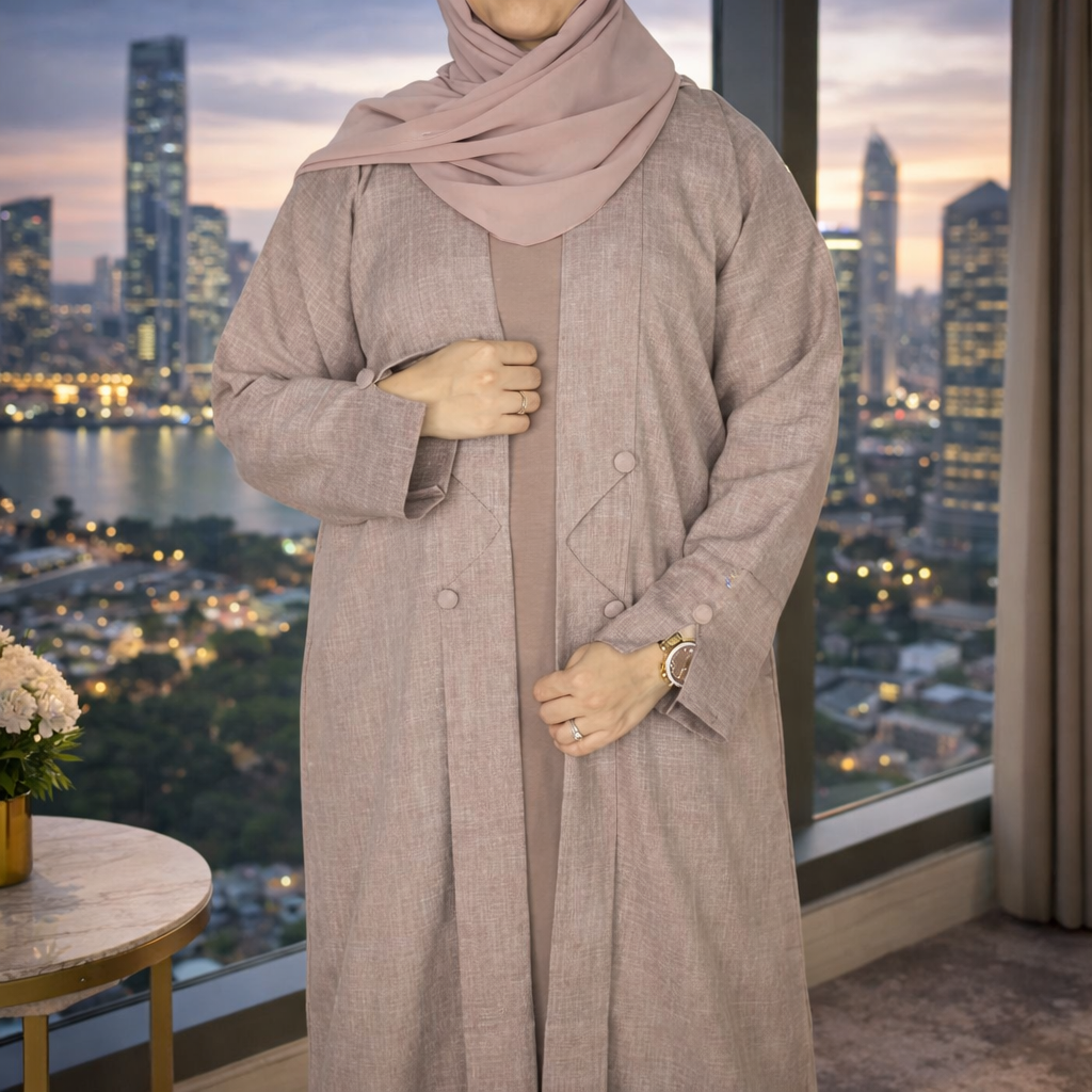 Yuyina MADE IN UAE Women's Stylish Dual Layer Abaya with Coat Pleated Button Design Slit Cuff Sleeves Inner Gown Hijab & Belt for Office Event Wear| Brownish Pink