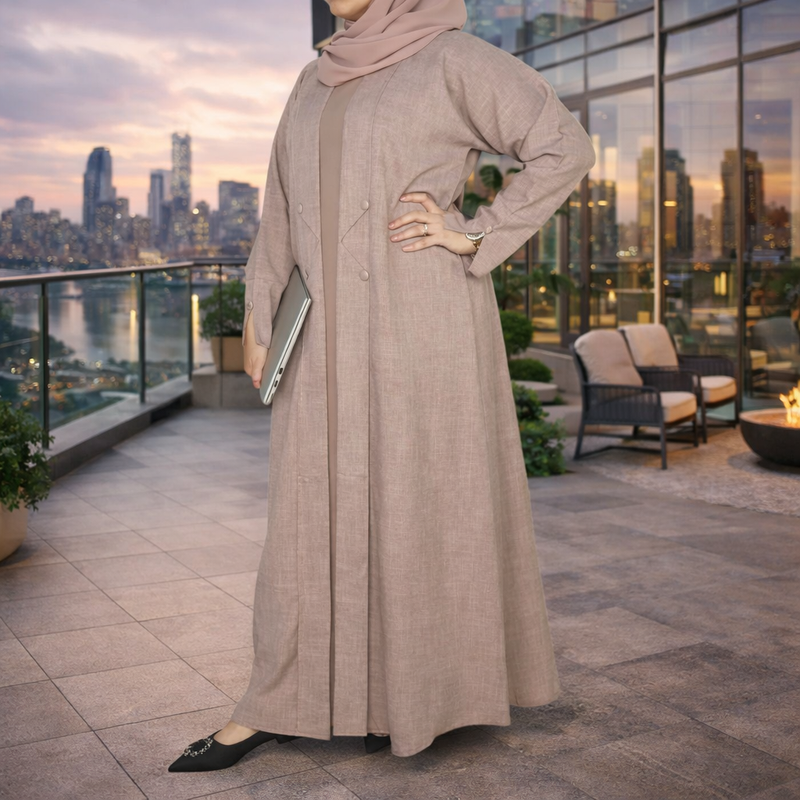 Yuyina MADE IN UAE Women's Stylish Dual Layer Abaya with Coat Pleated Button Design Slit Cuff Sleeves Inner Gown Hijab & Belt for Office Event Wear| Brownish Pink