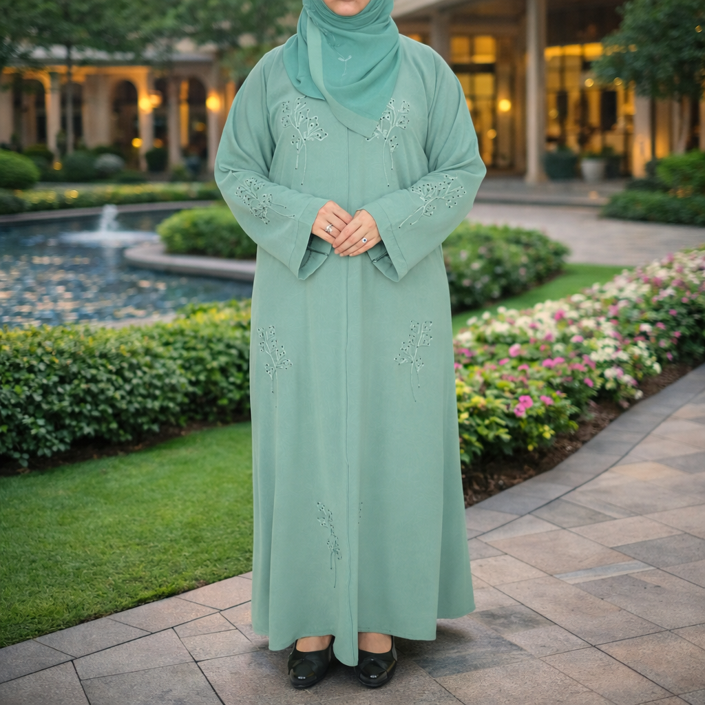 Yuyina MADE IN UAE Women's Elegant Closed Printed Abaya with Hand-Stitched Embroidery & Black Stone Work with Matching Hijab for Party Wear| Viridian Green