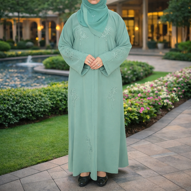 Yuyina MADE IN UAE Women's Elegant Closed Printed Abaya with Hand-Stitched Embroidery & Black Stone Work with Matching Hijab for Party Wear| Viridian Green