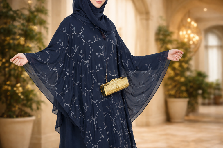 Yuyina MADE IN UAE Women's Butterfly Style Dual Layer Closed Abaya with Embroidery| Stone Work & Matching Head Scarf| Midnight Blue