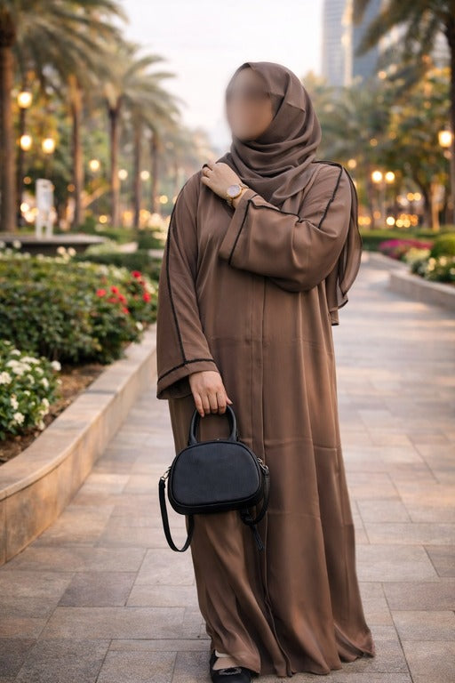 YUYINA MADE IN UAE Elegant Front Open Abaya with Buttons, Black Bead Lace on Sleeves, with Matching Head Scarf , Everyday/Office Wear