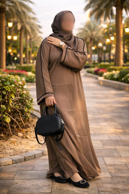 YUYINA MADE IN UAE Elegant Front Open Abaya with Buttons, Black Bead Lace on Sleeves, with Matching Head Scarf , Everyday/Office Wear