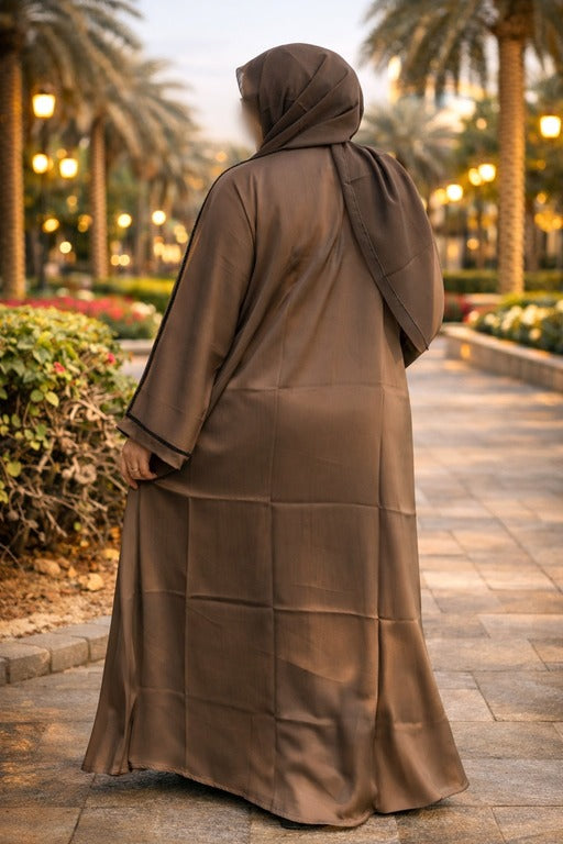YUYINA MADE IN UAE Elegant Front Open Abaya with Buttons, Black Bead Lace on Sleeves, with Matching Head Scarf , Everyday/Office Wear