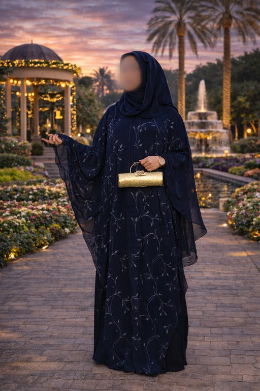Yuyina MADE IN UAE Women's Butterfly Style Dual Layer Closed Abaya with Embroidery| Stone Work & Matching Head Scarf| Midnight Blue