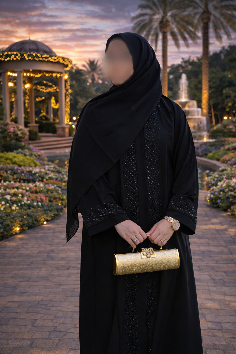 YUYINA MADE IN UAE Elegant Front Open Abaya with Buttons, Black Pipe & Stone Work Design on Front and Sleeves, with Matching Head Scarf, Everyday / Office Wear