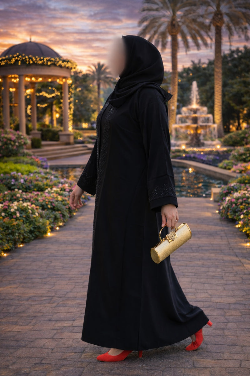 YUYINA MADE IN UAE Elegant Front Open Abaya with Buttons, Black Pipe & Stone Work Design on Front and Sleeves, with Matching Head Scarf, Everyday / Office Wear