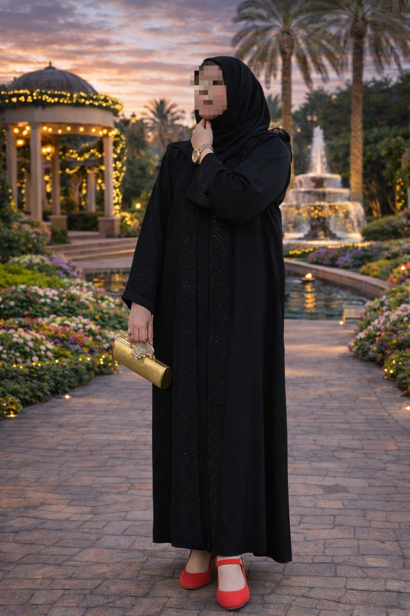 YUYINA MADE IN UAE Elegant Front Open Abaya with Buttons, Black Pipe & Stone Work Design on Front and Sleeves, with Matching Head Scarf, Everyday / Office Wear