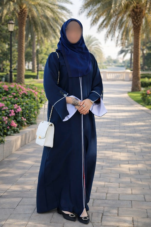 YUYINA MADE IN UAE Stylish Front Open Style with Buttons, Bell Sleeves with Button Design and White Lining on Front and Sleeves, with Matching Head Scarf, Party/Everyday/Office Wear