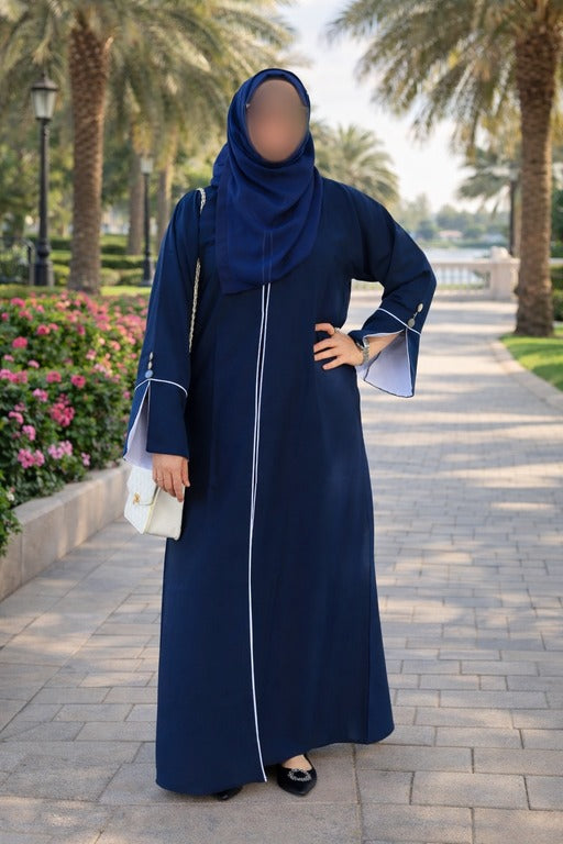 YUYINA MADE IN UAE Stylish Front Open Style with Buttons, Bell Sleeves with Button Design and White Lining on Front and Sleeves, with Matching Head Scarf, Party/Everyday/Office Wear