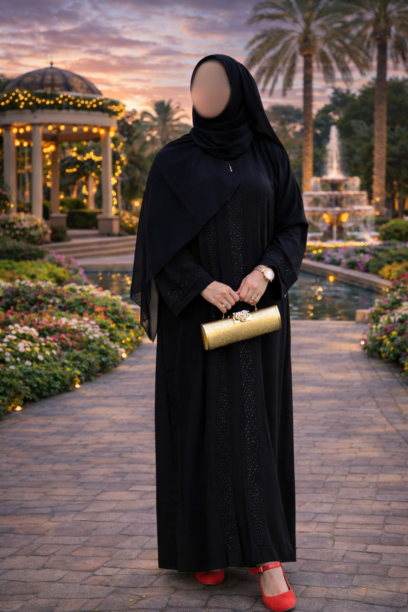 YUYINA MADE IN UAE Elegant Front Open Abaya with Buttons, Black Pipe & Stone Work Design on Front and Sleeves, with Matching Head Scarf, Everyday / Office Wear