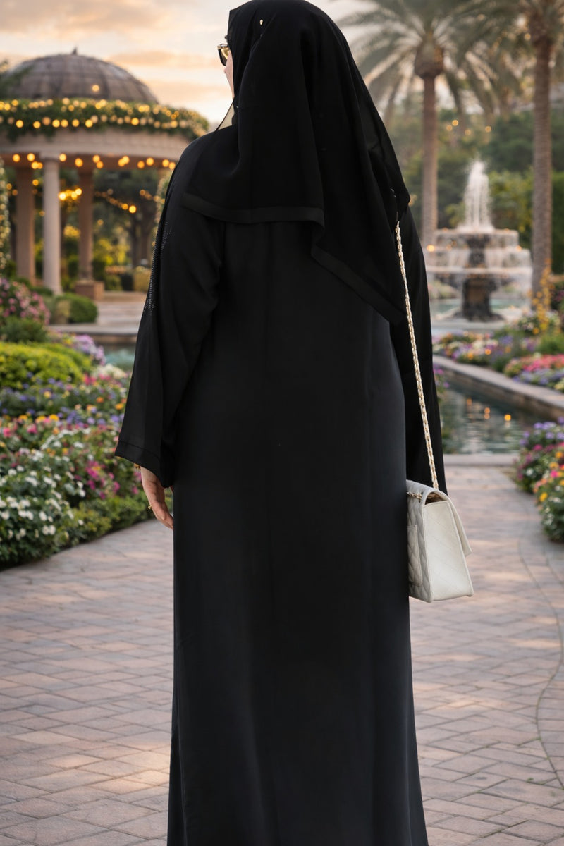 YUYINA MADE IN UAE Elegant Front Open Abaya with Buttons, Black Pipe & Stone Work Design on Front and Sleeves, with Matching Head Scarf, Everyday / Office Wear