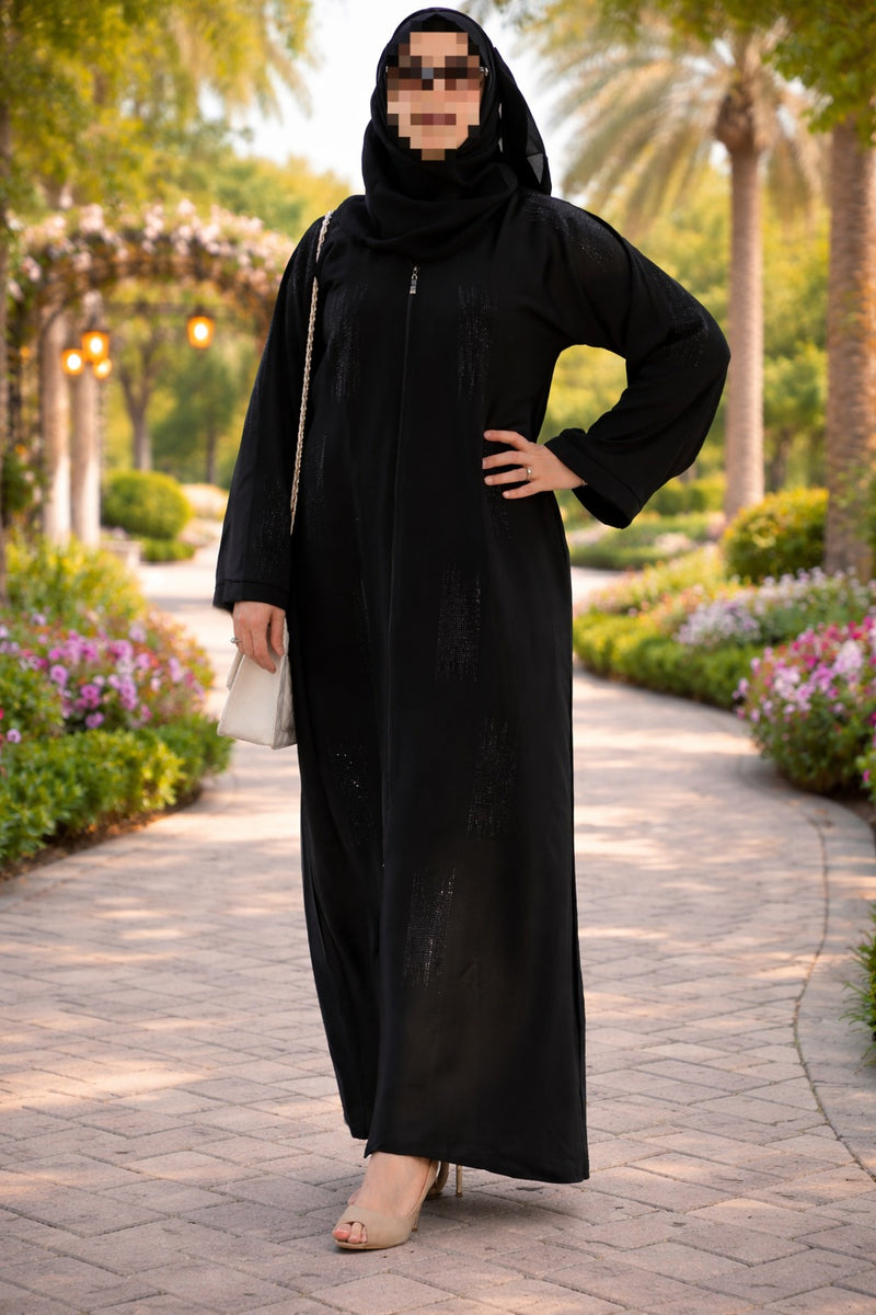 YUYINA MADE IN UAE Stylish Front Open Abaya with Zip,  Intricate Stone Work on Front and Sleeves , with Matching Head Scarf , Everyday / Office Wear