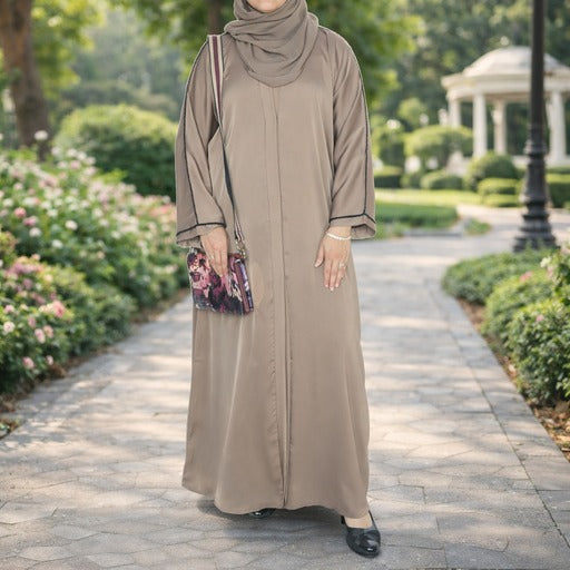 YUYINA MADE IN UAE Elegant Front Open Abaya with Buttons, Black Bead Lace on Sleeves, with Matching Head Scarf , Everyday/Office Wear