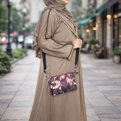 YUYINA MADE IN UAE Elegant Front Open Abaya with Buttons, Black Bead Lace on Sleeves, with Matching Head Scarf , Everyday/Office Wear