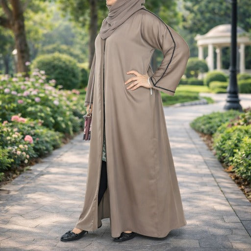 YUYINA MADE IN UAE Elegant Front Open Abaya with Buttons, Black Bead Lace on Sleeves, with Matching Head Scarf , Everyday/Office Wear