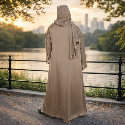 YUYINA MADE IN UAE Elegant Front Open Abaya with Buttons, Black Bead Lace on Sleeves, with Matching Head Scarf , Everyday/Office Wear