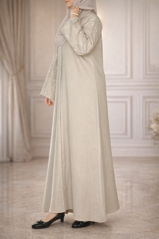 YUYINA MADE IN UAE Elegant Front Open Abaya with Buttons, Vine Leaf Hand Embroidery , with Matching Head Scarf , Everyday/Office Wear
