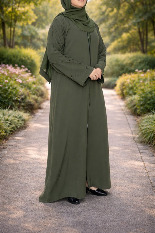 YUYINA MADE IN UAE Elegant Front Open Abaya with Buttons , Thread Work and Black Beads on Sleeves, with Matching Head Scarf, Everyday/Office Wear