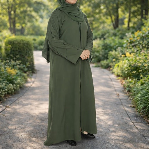 YUYINA MADE IN UAE Elegant Front Open Abaya with Buttons , Thread Work and Black Beads on Sleeves, with Matching Head Scarf, Everyday/Office Wear