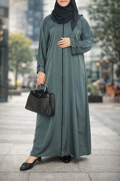 YUYINA MADE IN UAE Elegant Closed Abaya with Black Piping on Front and Sleeves, Decorative Buttons, with Matching Head Scarf, Everyday/Office Wear