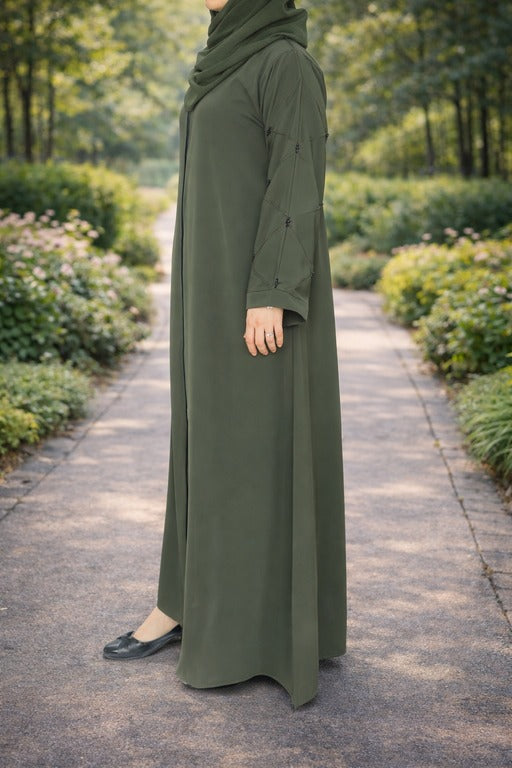 YUYINA MADE IN UAE Elegant Front Open Abaya with Buttons , Thread Work and Black Beads on Sleeves, with Matching Head Scarf, Everyday/Office Wear