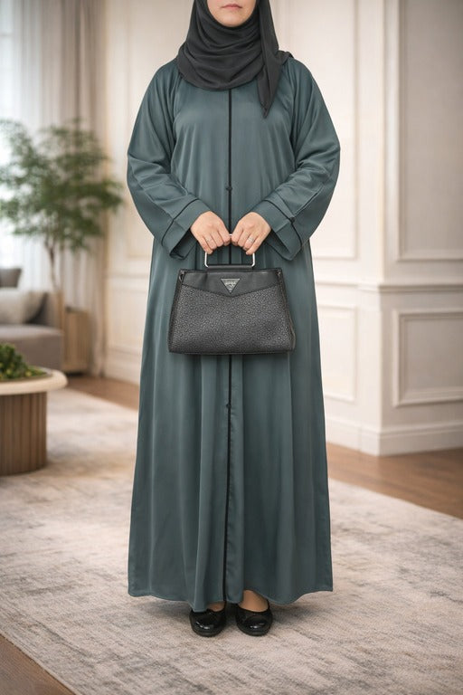YUYINA MADE IN UAE Elegant Closed Abaya with Black Piping on Front and Sleeves, Decorative Buttons, with Matching Head Scarf, Everyday/Office Wear