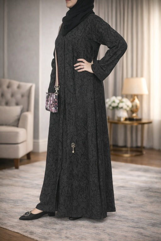 YUYINA MADE IN UAE Elegant Front Open Abaya with Buttons, Printed Design , with Matching Head Scarf , Everyday/Office Wear