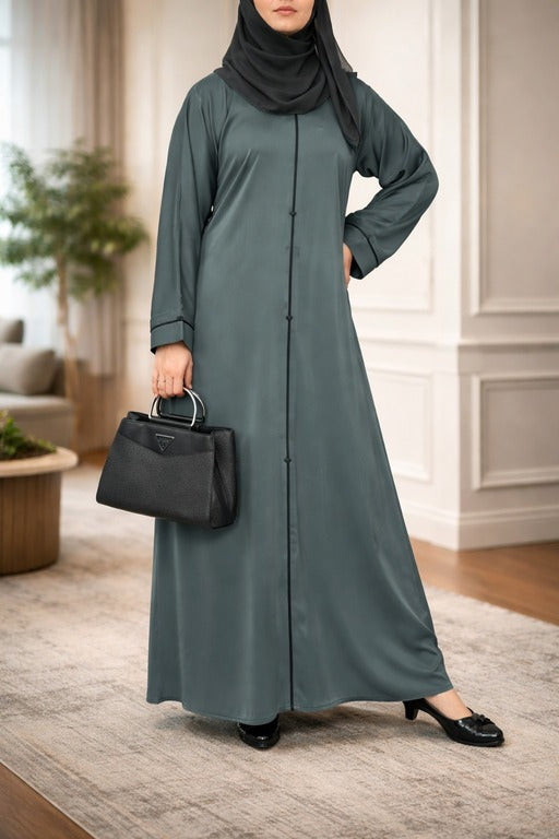YUYINA MADE IN UAE Elegant Closed Abaya with Black Piping on Front and Sleeves, Decorative Buttons, with Matching Head Scarf, Everyday/Office Wear