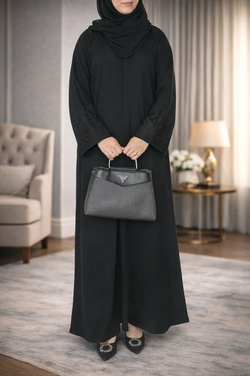 YUYINA MADE IN UAE Elegant Front Open Abaya with Buttons, Embroidered Sleeve Work, with Matching Head Scarf, Everyday/Office Wear