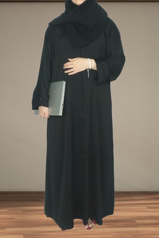 YUYINA MADE IN UAE Elegant Closed Abaya with Black Piping on Front and Sleeves, Decorative Buttons, with Matching Head Scarf, Everyday/Office Wear