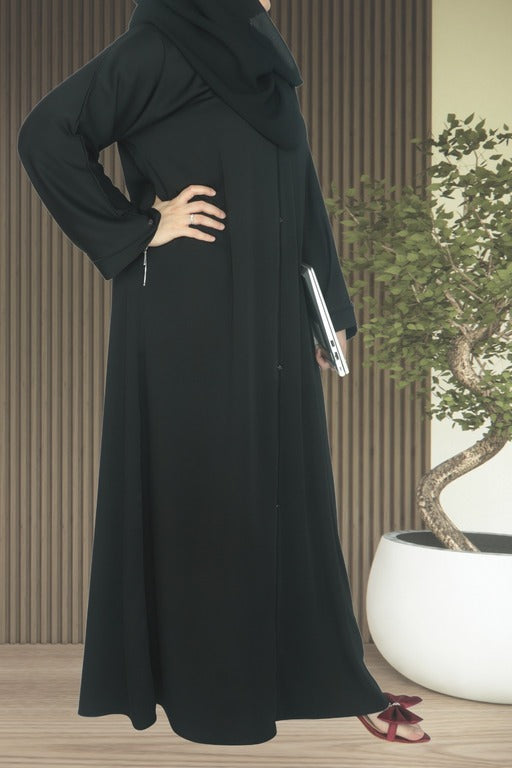 YUYINA MADE IN UAE Elegant Closed Abaya with Black Piping on Front and Sleeves, Decorative Buttons, with Matching Head Scarf, Everyday/Office Wear
