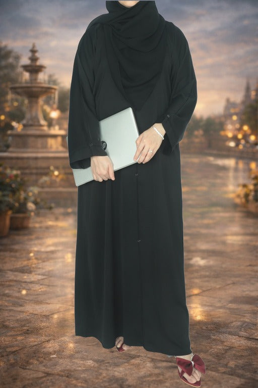 YUYINA MADE IN UAE Elegant Closed Abaya with Black Piping on Front and Sleeves, Decorative Buttons, with Matching Head Scarf, Everyday/Office Wear