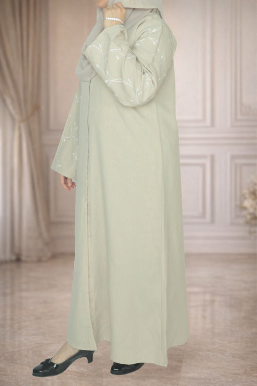 YUYINA MADE IN UAE Elegant Front Open Abaya with Buttons, Vine Leaf Hand Embroidery , with Matching Head Scarf , Everyday/Office Wear