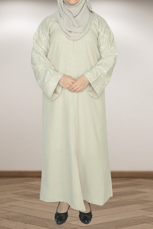 YUYINA MADE IN UAE Elegant Front Open Abaya with Buttons, Vine Leaf Hand Embroidery , with Matching Head Scarf , Everyday/Office Wear