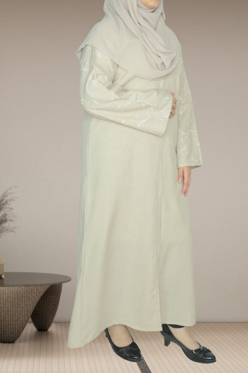 YUYINA MADE IN UAE Elegant Front Open Abaya with Buttons, Vine Leaf Hand Embroidery , with Matching Head Scarf , Everyday/Office Wear