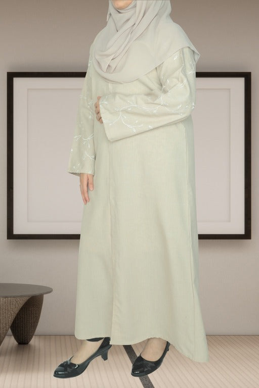 YUYINA MADE IN UAE Elegant Front Open Abaya with Buttons, Vine Leaf Hand Embroidery , with Matching Head Scarf , Everyday/Office Wear