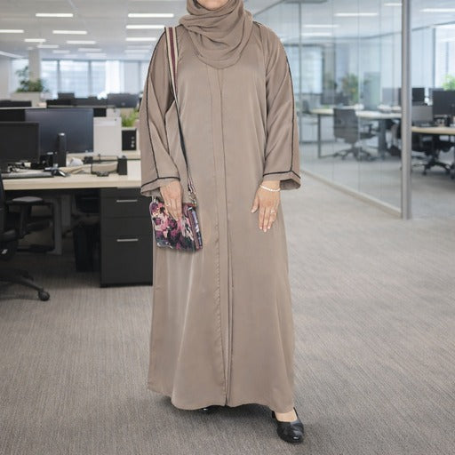 YUYINA MADE IN UAE Elegant Front Open Abaya with Buttons, Black Bead Lace on Sleeves, with Matching Head Scarf , Everyday/Office Wear