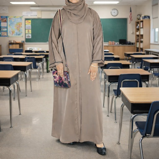 YUYINA MADE IN UAE Elegant Front Open Abaya with Buttons, Black Bead Lace on Sleeves, with Matching Head Scarf , Everyday/Office Wear
