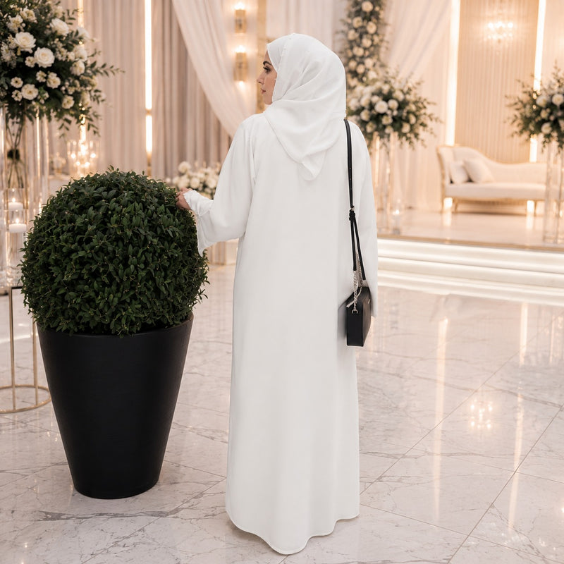 Pearl Embellished Buttoned Abaya – White